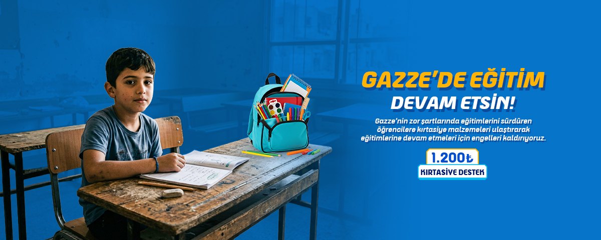 Gazze’de eğitim devam etsin! Gazze’deki öğrencilere kırtasiye malzemesi ulaştırıyoruz — 1.200 ₺ kırtasiye desteği